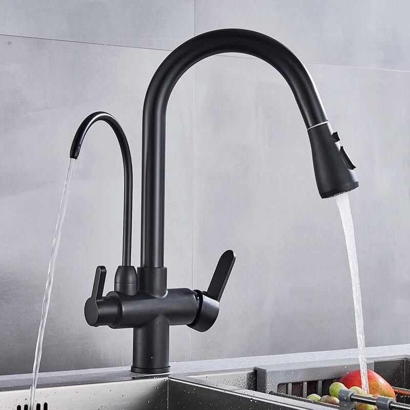 Matte Black Pure Water Kitchen Faucet Dual Handle Hot and Cold Drinking Water Pull Out Kitchen Mixer Taps