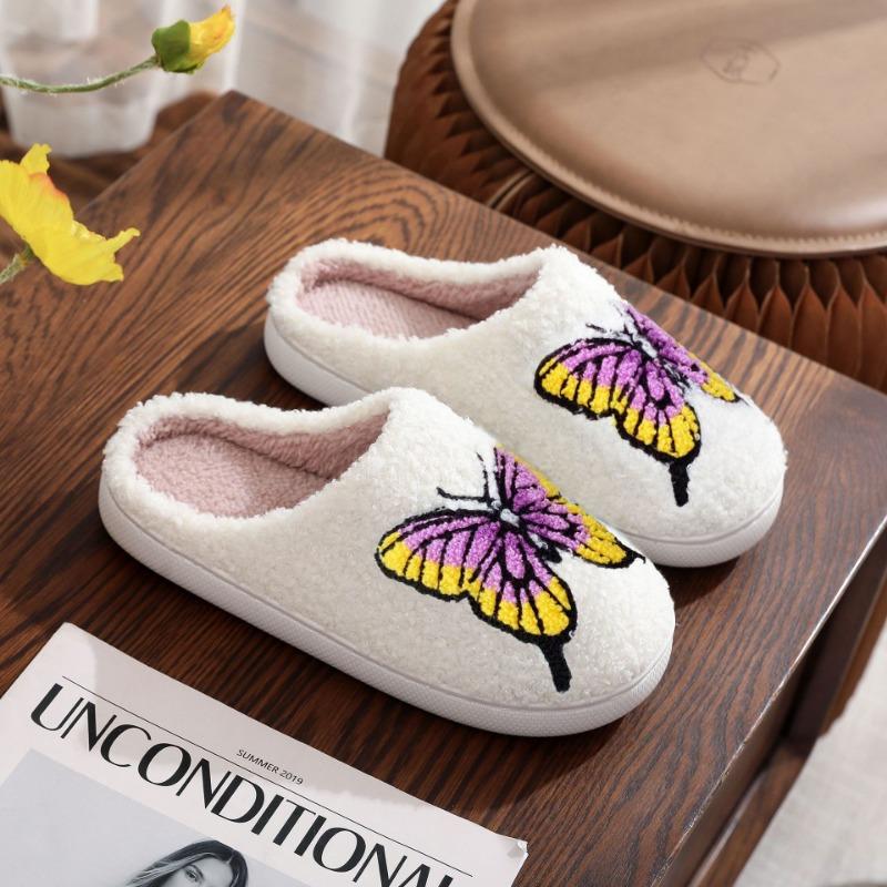 Новые удобные домашние цветные хлопковые тапочки с бабочками для зимних женщин, толстая подошва для тепла в помещении