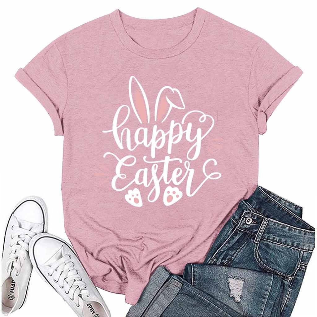 Женская модная пасхальная принтованная повседневная плиссированная круглая футболка с коротким рукавом