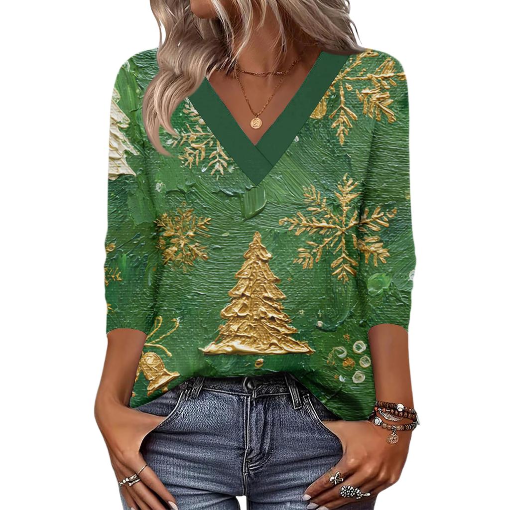 Women's Loose Comfortable Casual Fashion V-Neck Christmas Print 3/4 Sleeve Top