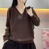 V-neck Sweater Stylish Bottoming New Long-sleeved Loose Pullover Versatile Solid Top for Women