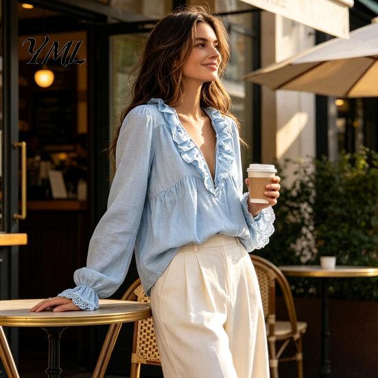 Loose Fit Pleated Shirt Women Half Zipper V-Neck Blouse, Bohemian Long Sleeve Ruffle Top, Design Shirts Solid Color for Spring Fall