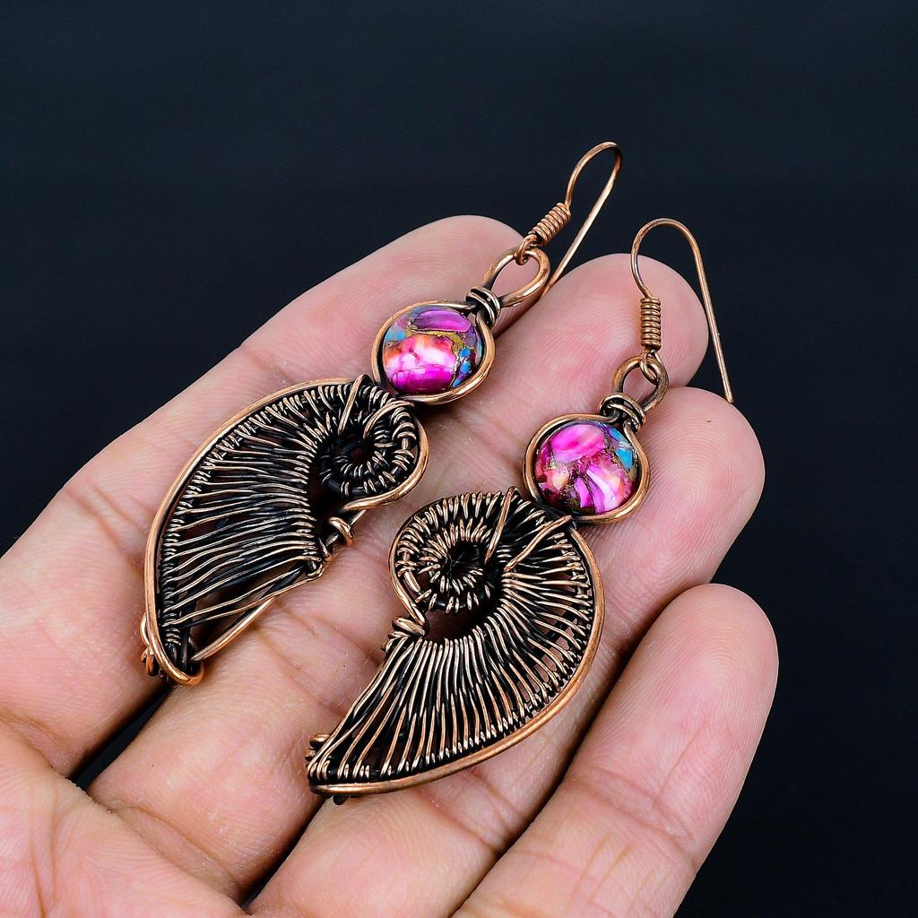 Pink Spiny Oyster 999 Copper Wire Wrapped Earrings, Handmade Gemstone Jewelry Earrings, For Memorial Day