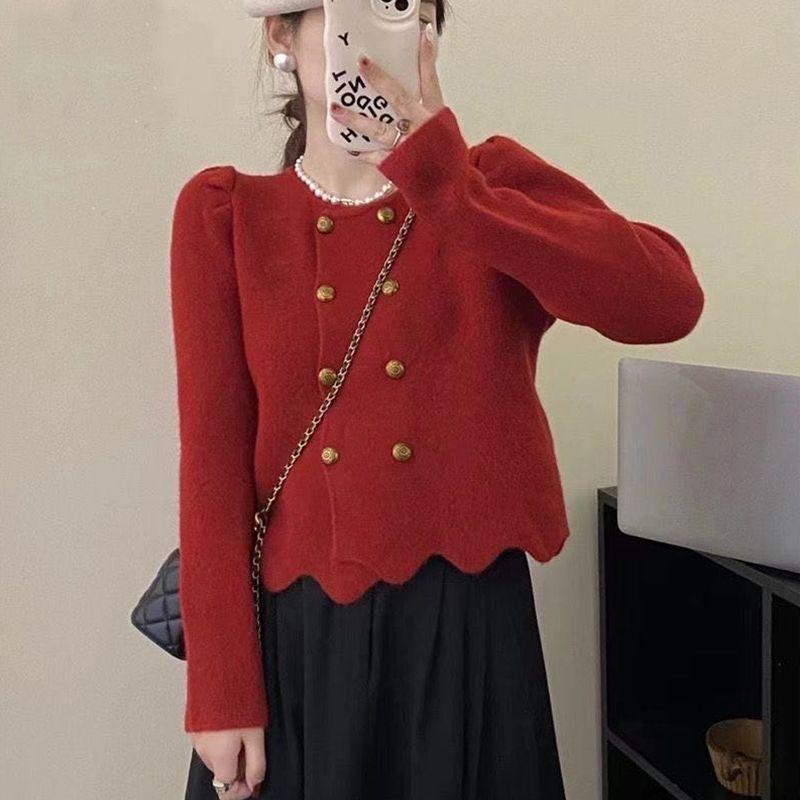 Двубортный узор с волнистым краем для осенне-зимнего трикотажа, темпераментный кардиган, трикотажный жакет для женщин