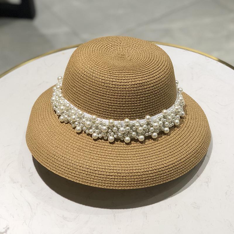 Ретро женская соломенная шляпа с широкими полями и жемчугом, с черным экраном для защиты лица, для летнего пляжного отдыха