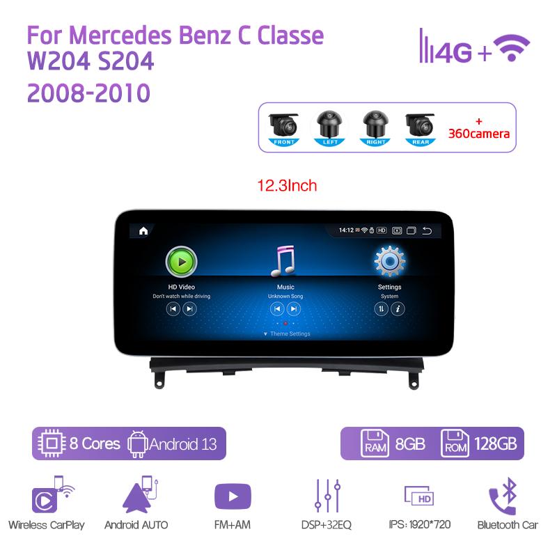 10.25/12.3" Android13 Для Mercedes Benz C Classe W204 S204 2008-2010 Автомобильный мультимедийный плеер GPS-навигация CarPlay 4G 360Camera