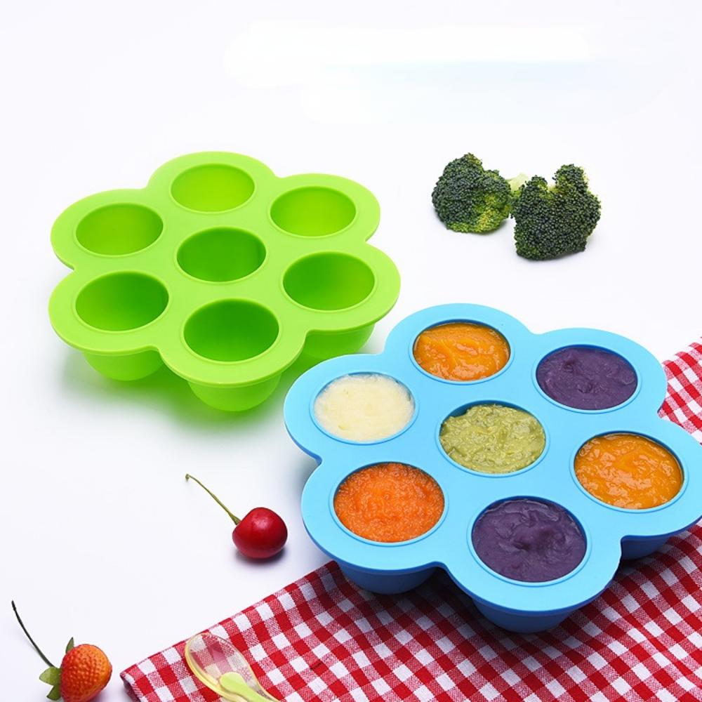 Large Baby Silicone Complementary Food Box Storage Box Silicone 7 Holes Ice Lattice Food Grade Silicone Ice with Lid