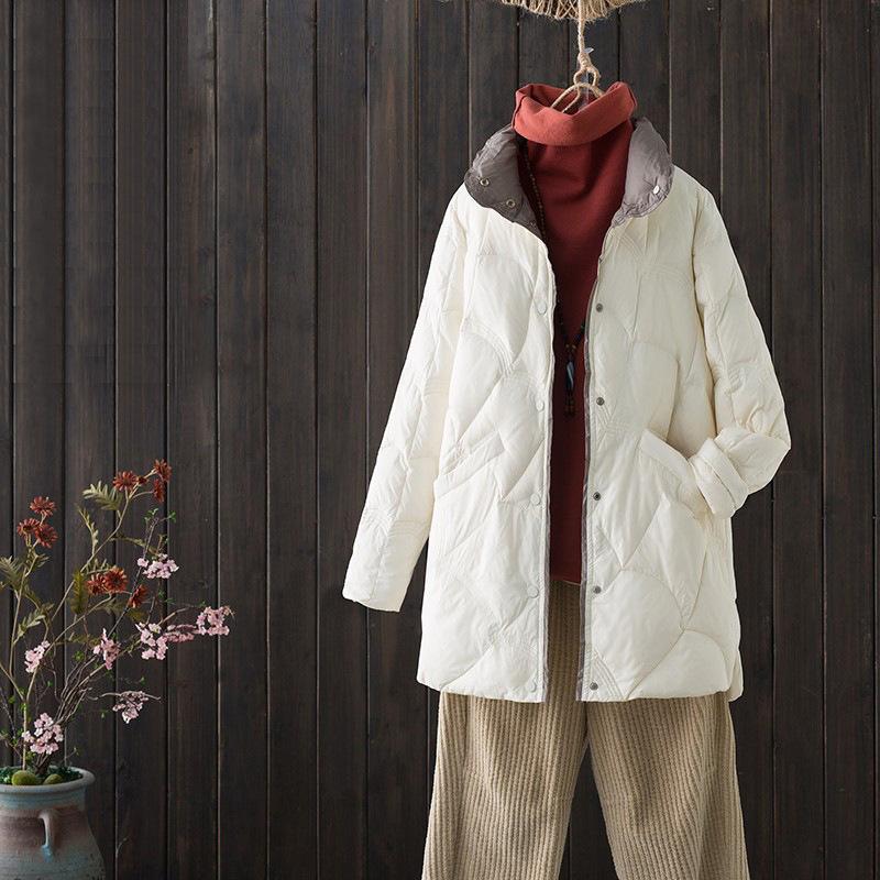 Женское зимнее пальто с воротником-стойкой и длинным рукавом, однотонное, однобортное, свободное, повседневное, белое, тонкое и легкое