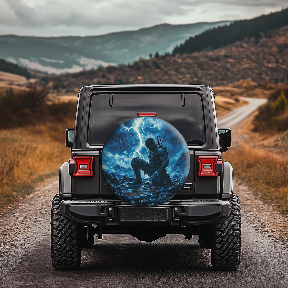 Lightning Warrior Tire Cover - Durable Weather-Resistant SUV/Off-Road/Truck/Car Tire Protector With Lightning Bolt & Mountain De
