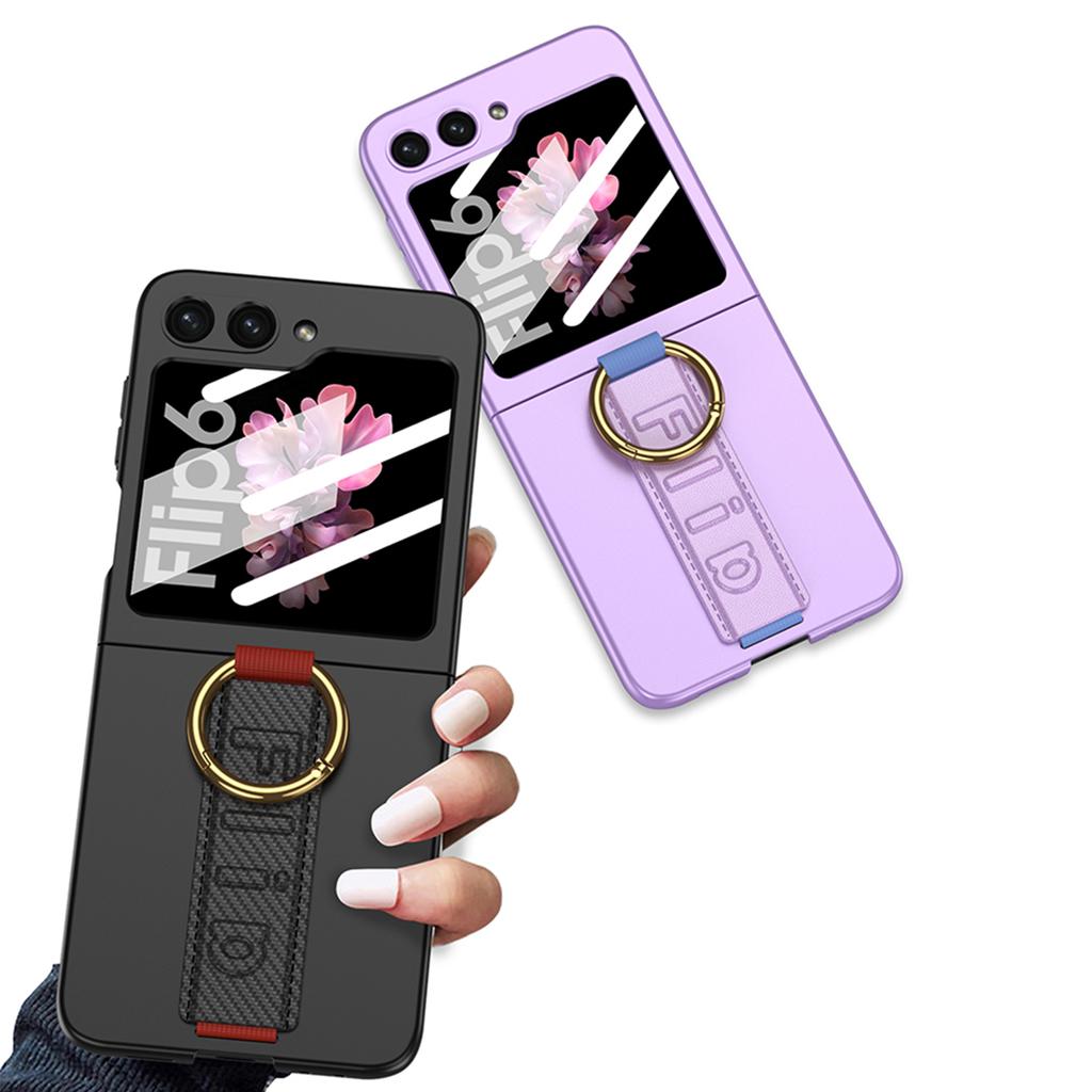 Чехол Ultra Thine Hard PC Phone для Samsung Galaxy Z Flip 6 5 4 с ремешком на запястье, кольцом-держателем, небольшой защитный экран