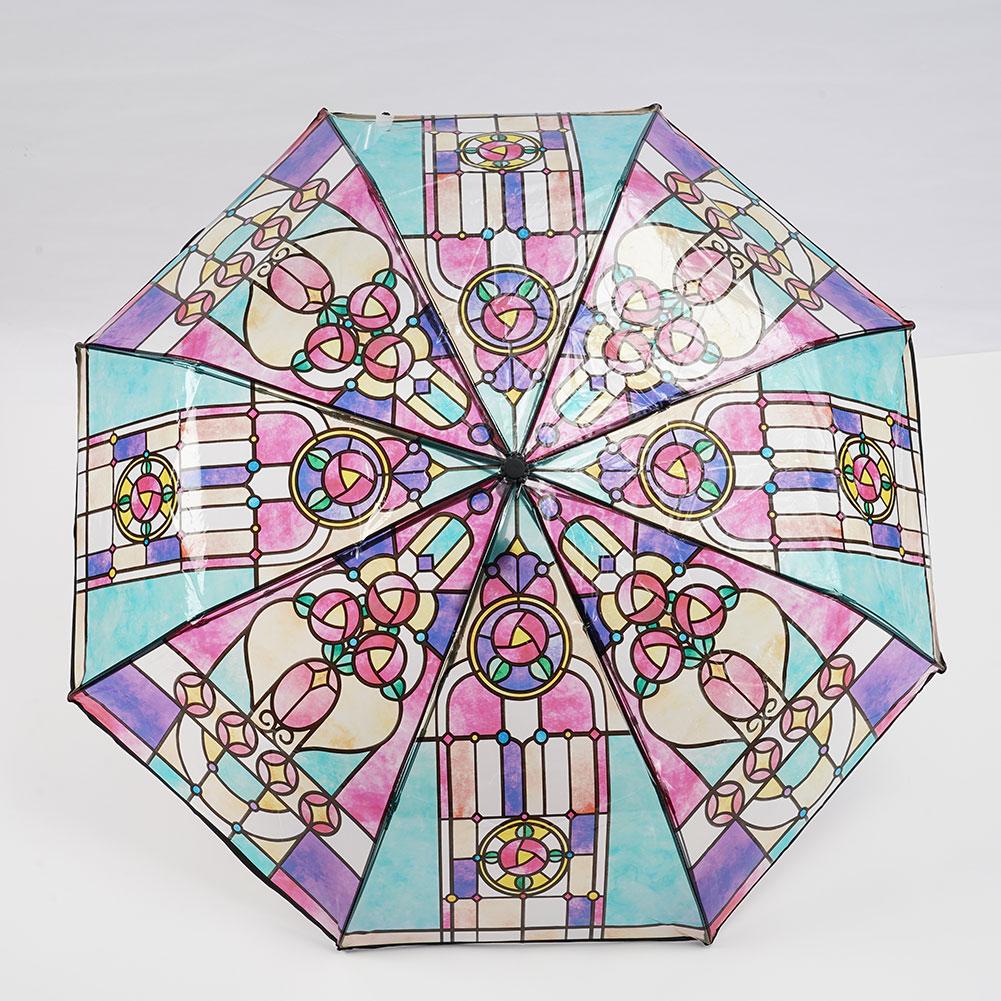 Vintage Church Transparent Umbrella Photo Props Colorful Glass Pattern Romantic Sunny Dual Use Of Rain And Light Girls Parasol