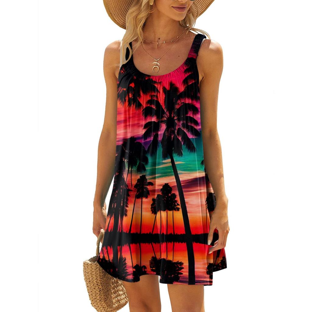 Женское модное летнее пляжное повседневное милое платье на бретельках без рукавов с принтом