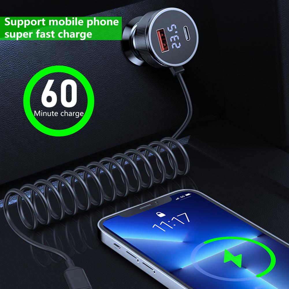 Dual Port Car Charger with Coiled Cable USB Type C Car Lighter Slot Universal Phone Fast Charging Adapter