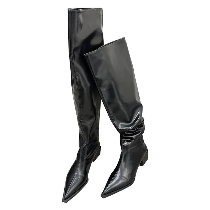 Обувь для женщин 2024 года, женские сапоги до колена, лаконичные современные сапоги, женские, сшитые, с острым носком, на квадратном каблуке, туфли без застежек, женские