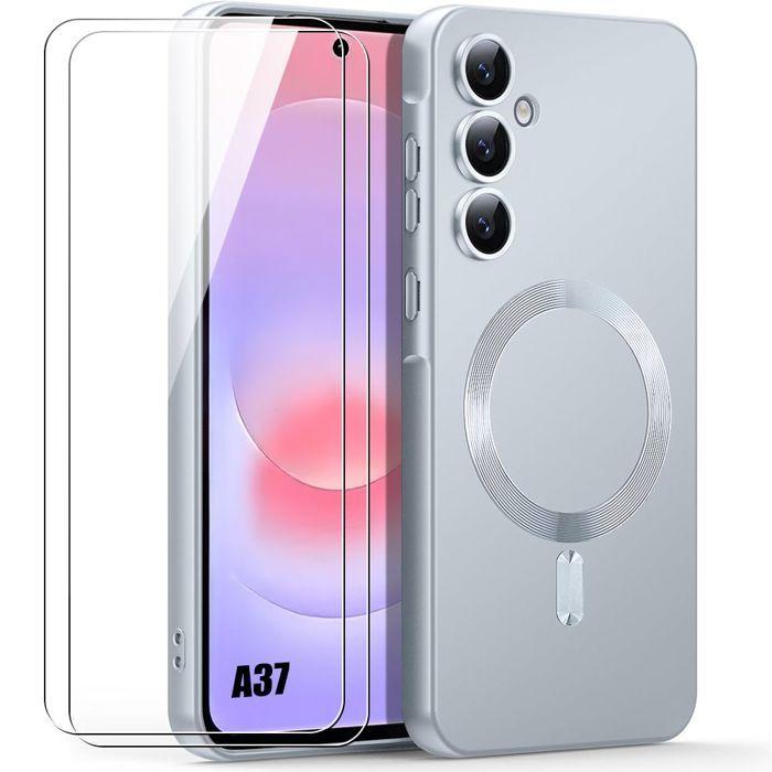 Coque pour Samsung Galaxy A37 5G, Silicone avec Cercle Magnétique Argenté - 2 Verres Trempés