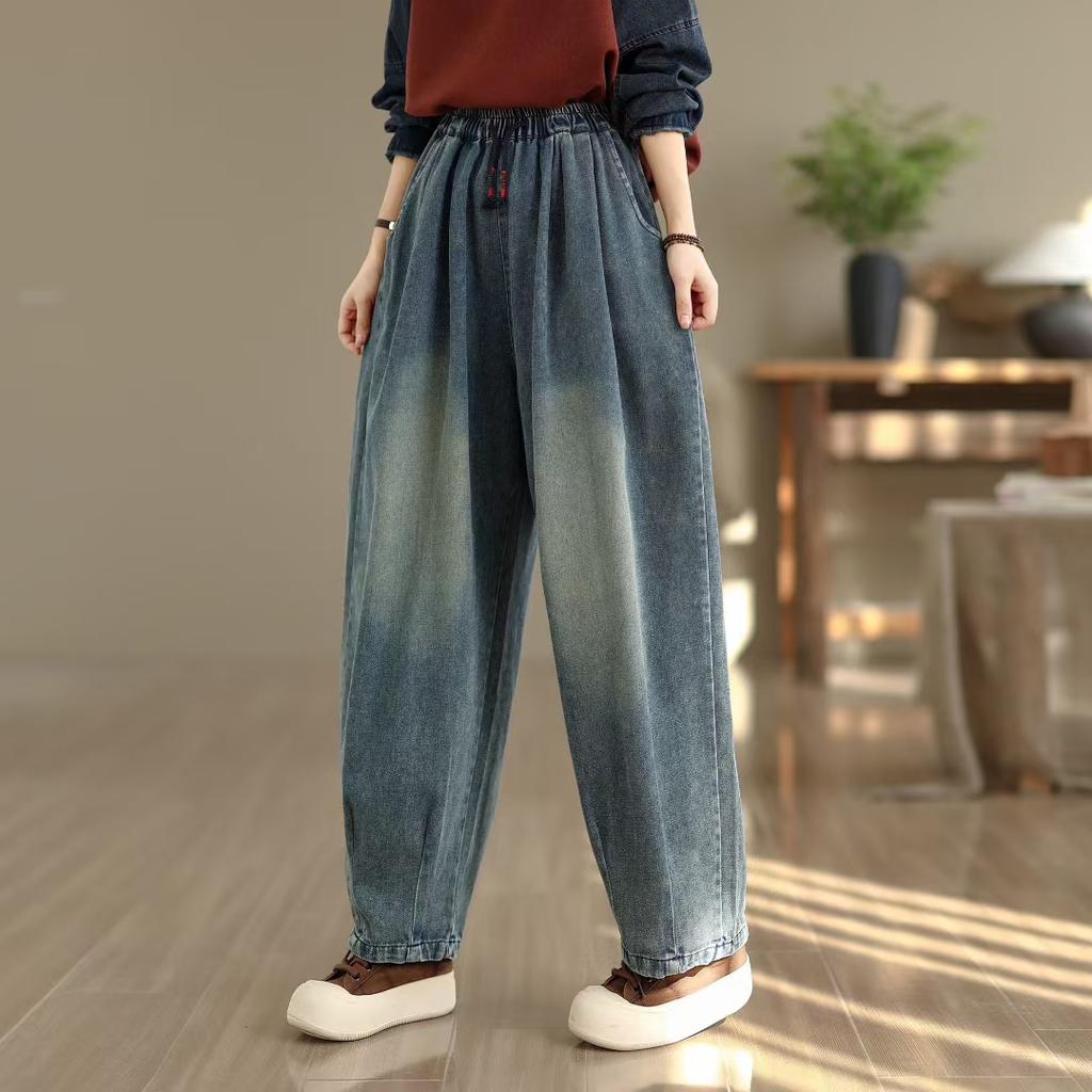 Dimanaf 2025 Summer Women Jeans Solid Harem Pants High Waist Elastic Basic Loose Harem Pants