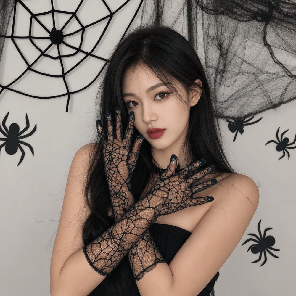 Gauze Spider Web Gloves Solid Color Long Mittens Elegant Women Driving Gloves Outdoor
