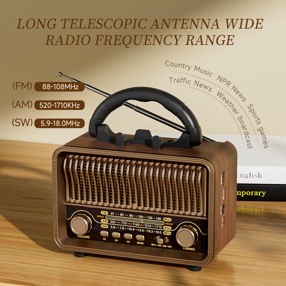 Ретро Портативное AM/FM/SW Радио с Перезаряжаемой Батареей, Воспроизведение TF/AUX и Антенна. Беспроводной для дома или для экстренных случаев.