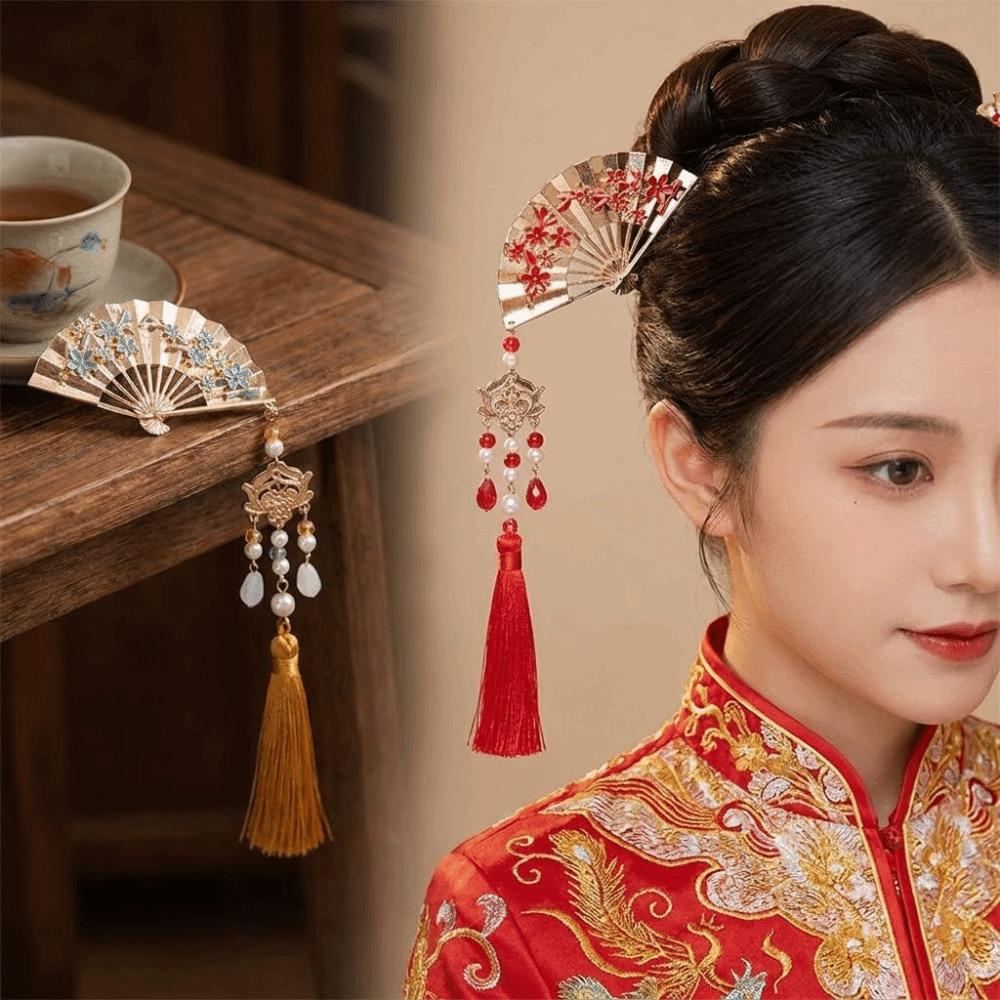 Retro Pearl Fringe Hairpin Zinc Zinc Alloy Fan Shape Bride Tiara U Shape Hair Frok  Hanfu Hair Accessories