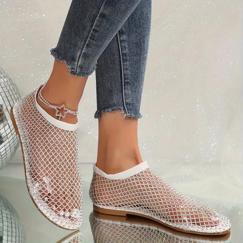 Женские сандалии на плоской подошве со стразами, повседневная обувь с ажурным дизайном, дышащая удобная обувь