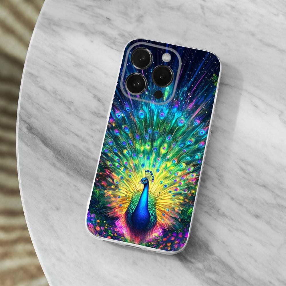 Beauty Peacock Feathers Case For iPhone Max,14,16,X,13,XR,SE,12,15,Pro,17,Plus,11,XS,Mini Transparent Soft Cover