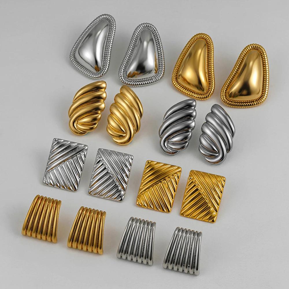 Винтажные геометрические серьги-гвоздики трапециевидной и квадратной формы с крыльями из нержавеющей стали для женщин, позолоченные, с полосатой плиссированной текстурой