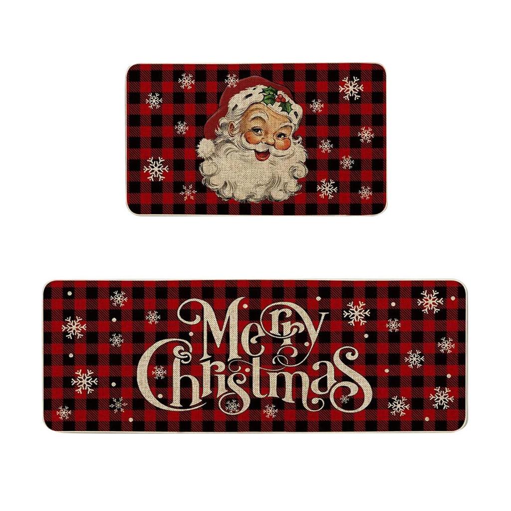 VIKAMA 2pcs Christmas Winter Crystal Velvet Floor Rug Kitchen Non-slip Mat Entrance Welcome Door Mat Holiday Home Decoration