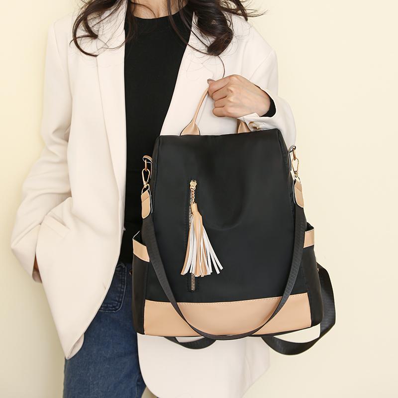 Contrast Color Backpack Women's Tassel Backpack Lightweight Large Capacity Handbag Shoulder Bag