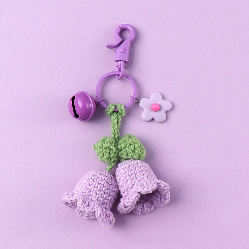 Women Bell Orchid Keychain With Bell Cute Crocheted Handbag Charms Wind Chimes Flower Keyring Bag Pendants Handmade Knitted