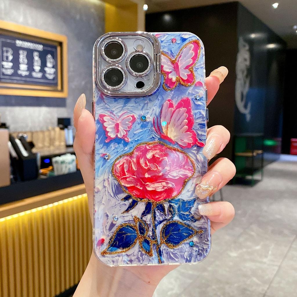 Applicable To IPhone16 Oil Painting Rose Mobile Phone Case Apple 15Pro Flash Powder Lens Film Stand 14 Protective Cover