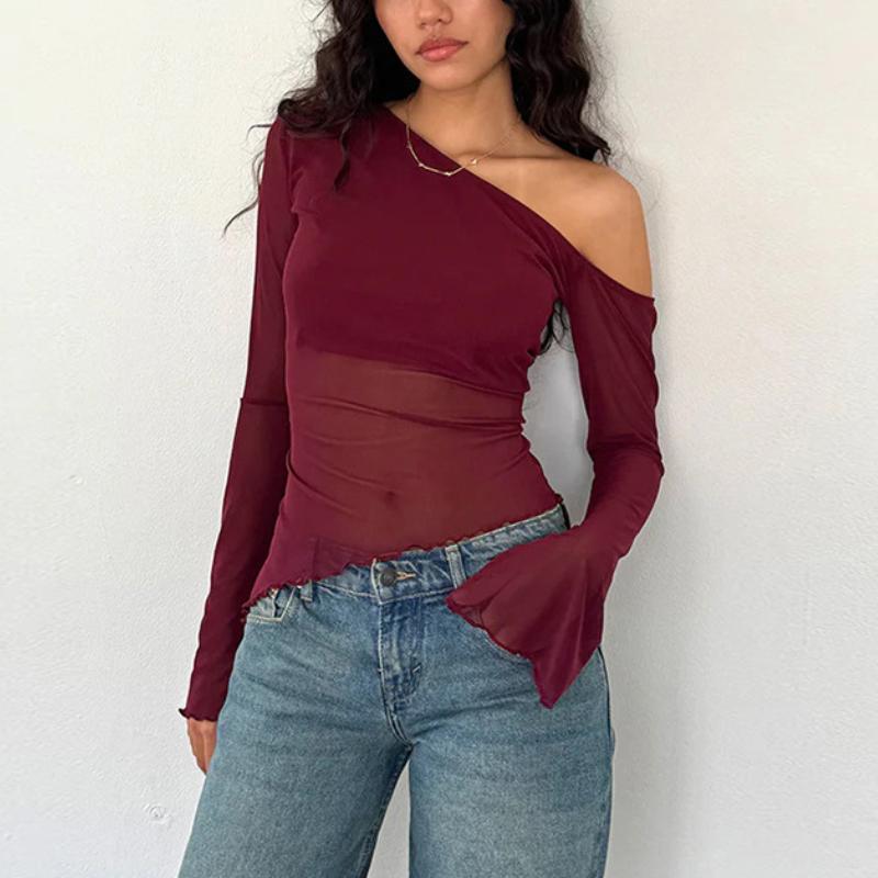 Европейский и американский диагональный воротник, расклешенные рукава, сетчатый прозрачный топ Y2K, сексуальный облегающий летний женский топ