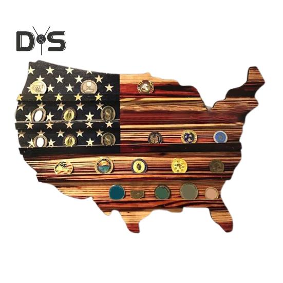 Challenge Coin Display Stand Wooden American Flag USA Map Shape Coin Holder Vintage Wall Mounted Coin Display Stand for Veterans Patriotic Souvenirs
