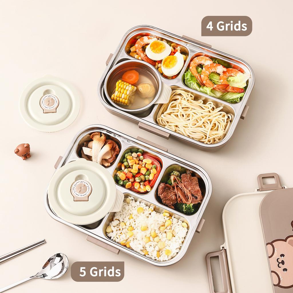 WORTHBUY 4/5 Grids 304 Stainless Steel Lunch Box With Cutlery&Bowl Portable Food Contianer for Hot and Cold Food For Student Kid