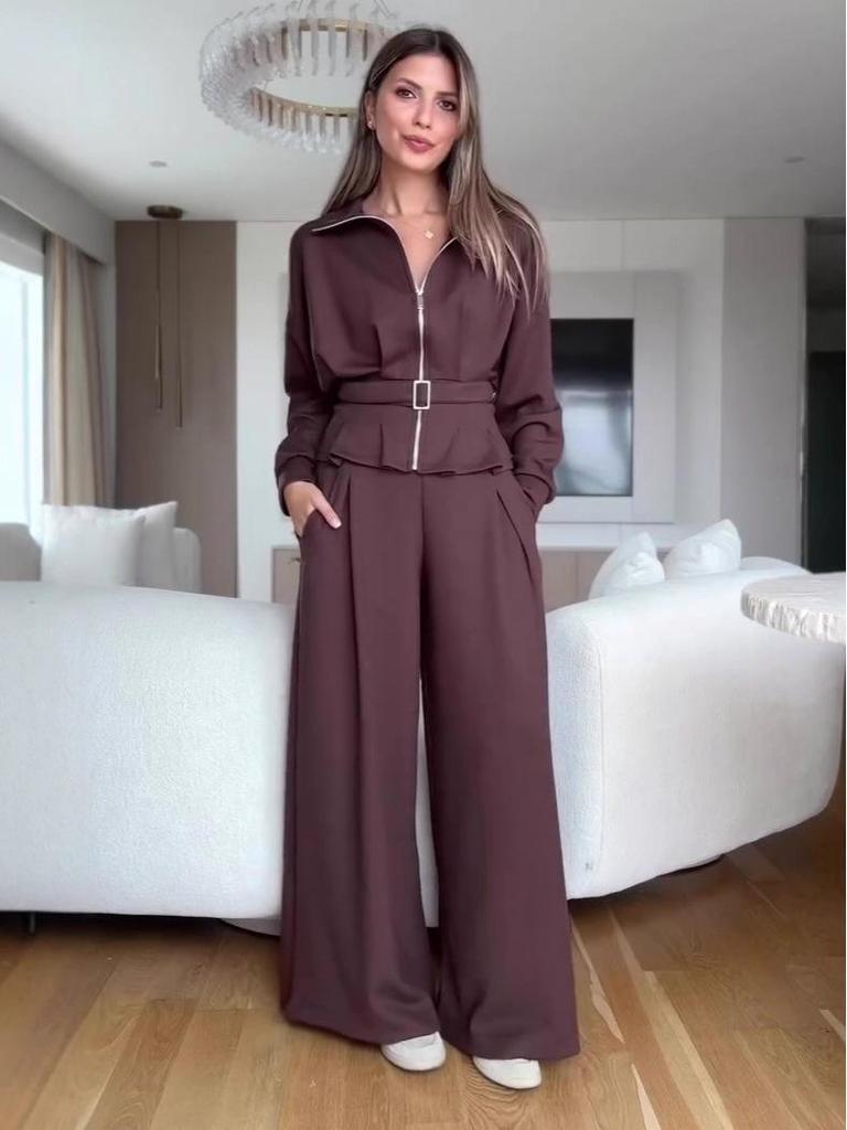 Женский костюм из топа с длинным рукавом и брюк с высокой талией, Осень 2025