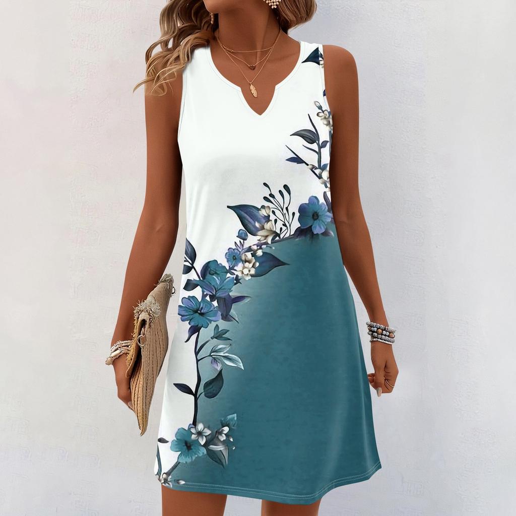 Женские летние платья с V-образным вырезом и принтом без рукавов Сарафан Повседневное платье
