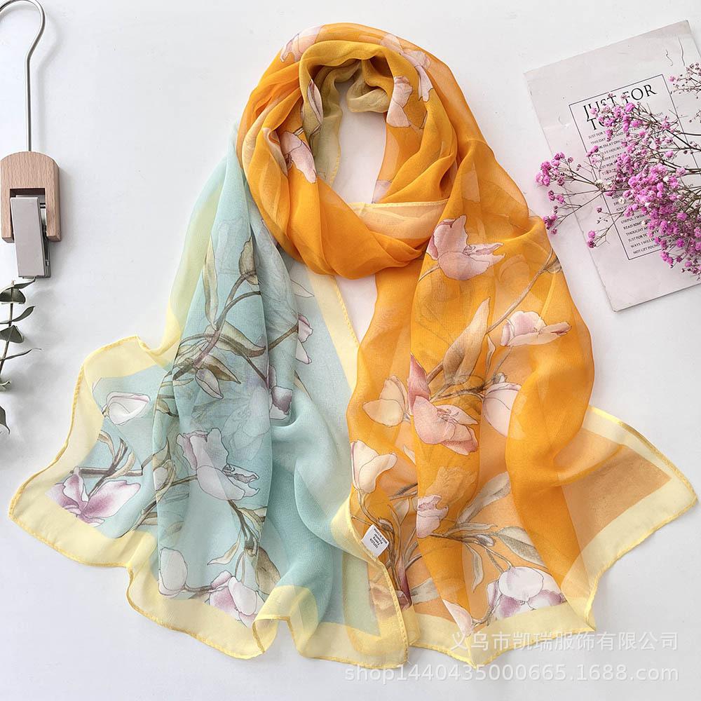 Новый длинный шелковый шарф с солнцезащитным кремом, тонкий искусственный шелк, весенне-летний женский шарф с принтом и украшением из жоржета