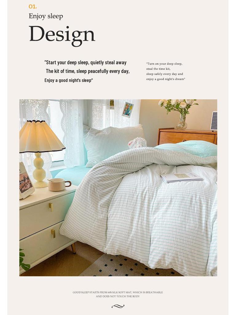 Минималистичный комплект постельного белья из стиранного хлопка: Трехпредметный комплект для общежитий, включает простыню, пододеяльник и четыре наволочки