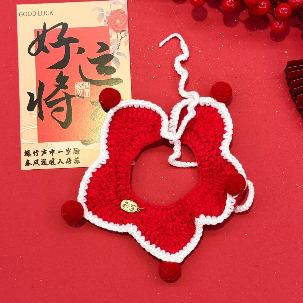 Chinese-style New Year Knitted Pet Collar Adjustable Length Pet Bib Festive Cat Tie  for Cats Puppy