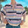 Летние мужские рубашки поло с коротким рукавом, с разноцветным полосатым принтом, вязаные крючком, повседневные