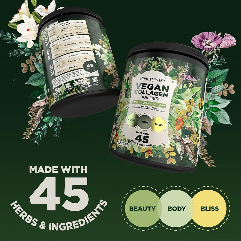 Beautywise Vegan на растительной основе коллагеновый строитель и усилитель настроения с 45 активными ингредиентами для восстановления кожи, увлажнения 250 г(Яблоко и виноград 42 порции)