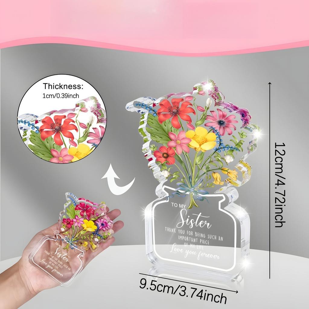 Sister's Gift Acrylic Flower Plaque, Elegant Cursive Lettering & Floral Arrangement in Pastel Colors, with Heart-Shaped Top & Clear Dome - Irregular S