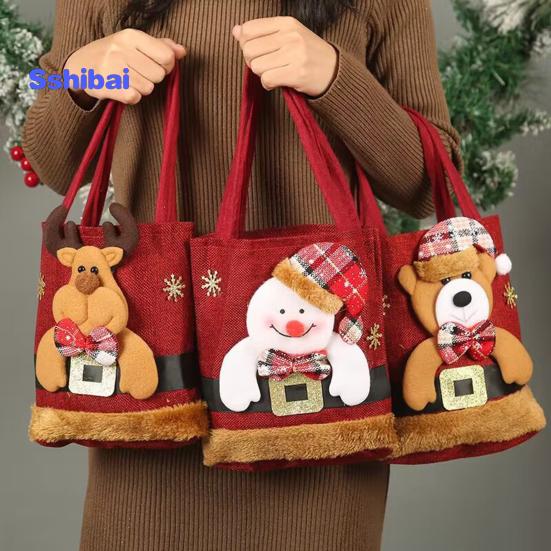 Рождественский подарок Сумочка Портативная ручка Мультфильм 3D Санта-Снеговик Лось Медведь Прочная ткань Многоразовая продуктовая конфета Вечеринка Подарочная сумка