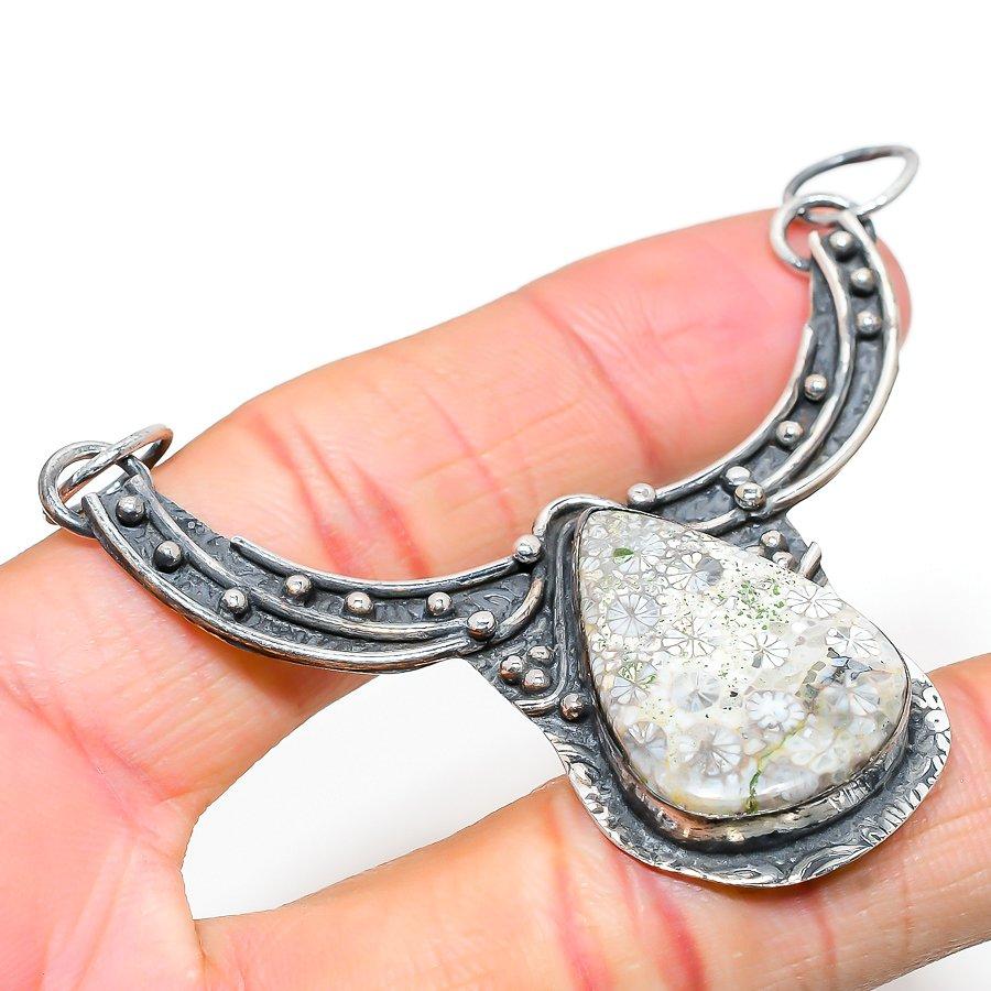 Fossil Coral Handmade 925 Sterling Silver Jewelry Pendant 2.56" q3O74
