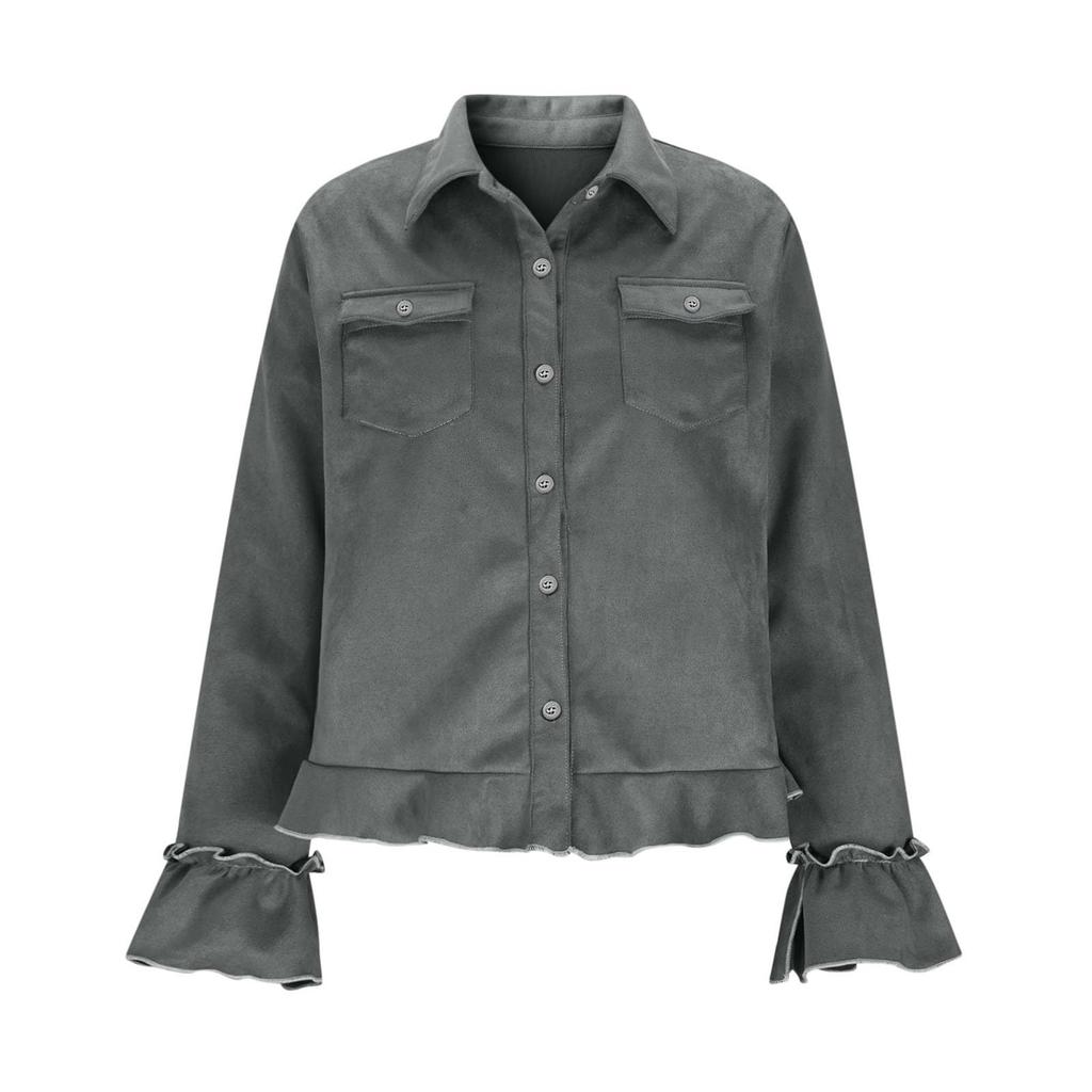 Женская Мода Повседневная Замшевая Фланелевая Рубашка Классическая Пуговичная Низ Рюши Длинный Рукав Ретро Топ