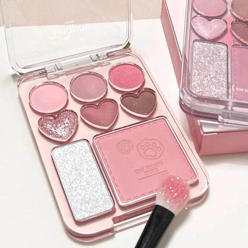 Pink Orange Eyeshadow Palette 8-Colors Facial Blusher Highlighters Brightening Lasting Heart-shaped Eye Shadow Make Up Cosmetics