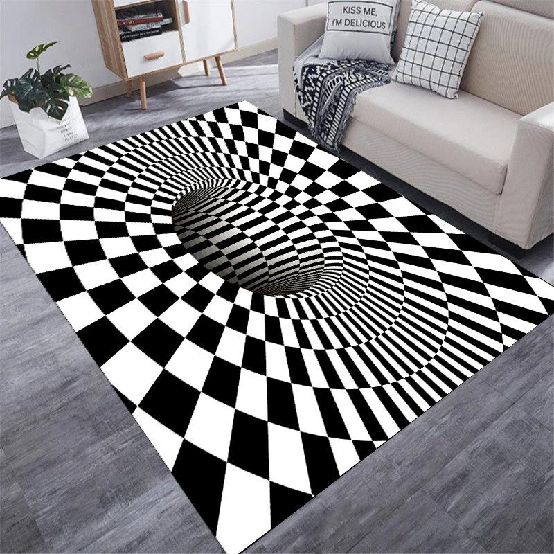 3D Optical Illusion Print Carpet Black and White Checkered Rug Home Decoration Mat Absorbent Non-slip Fun Decor Carpet