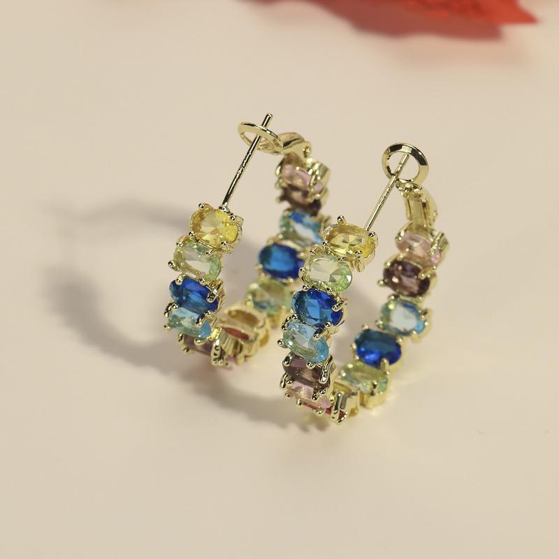 Gold Plated Rainbow Multi‑color Cubic Zirconia Hoop Earrings Oval Zircon Inlaid C‑Shaped Earrings Party Women Fashion Jewelry