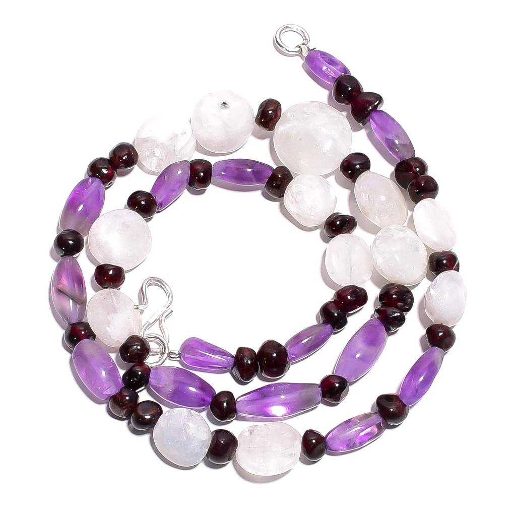 Natural Moonstone Amethyst Garnet Gemstone Smooth Beads Necklace 17" UB-5113 UB-5113