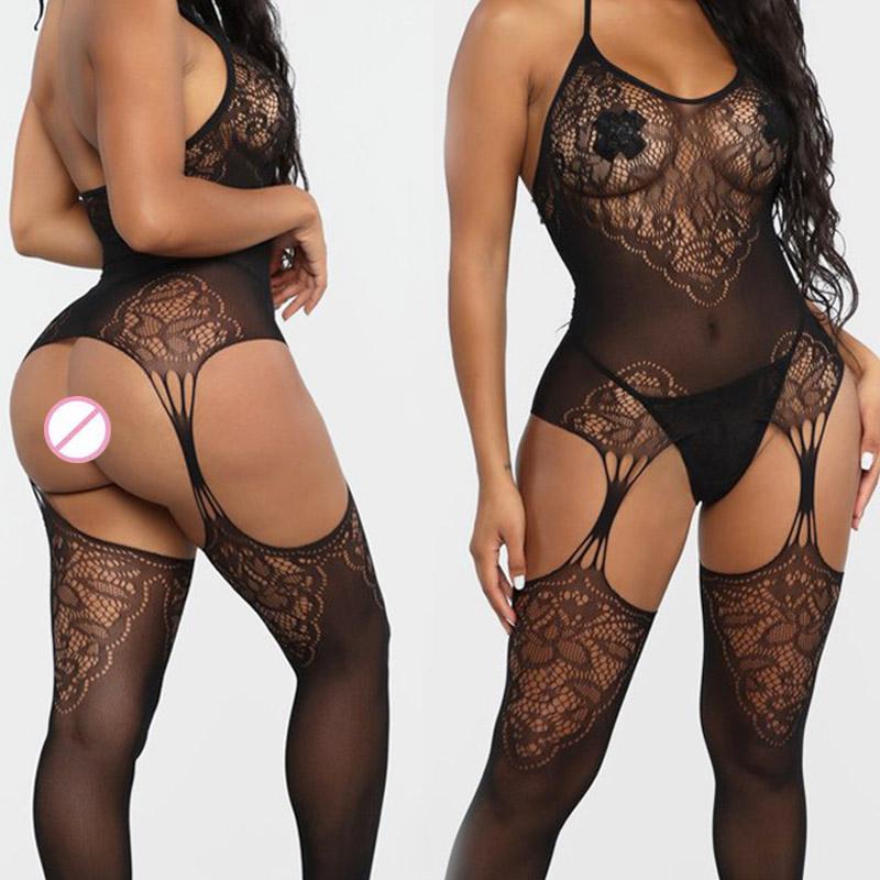 Trend Sexy Open Crotch Bodystockings Women Sexy Lingerie Sheer Fishnet Bodysuit Lace Underwear Erotic Outfits Crotchless Tights