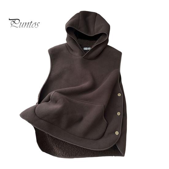 Women Fall Winter Vest with Hooded Side Button Closure Fleece Thermal Isolation Solid Color with Front Pocket Casual Daily Hoodie Top